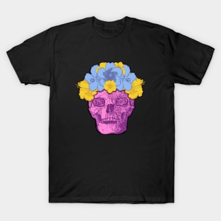 Pink Skull with Blue and Yellow Flower Crown T-Shirt